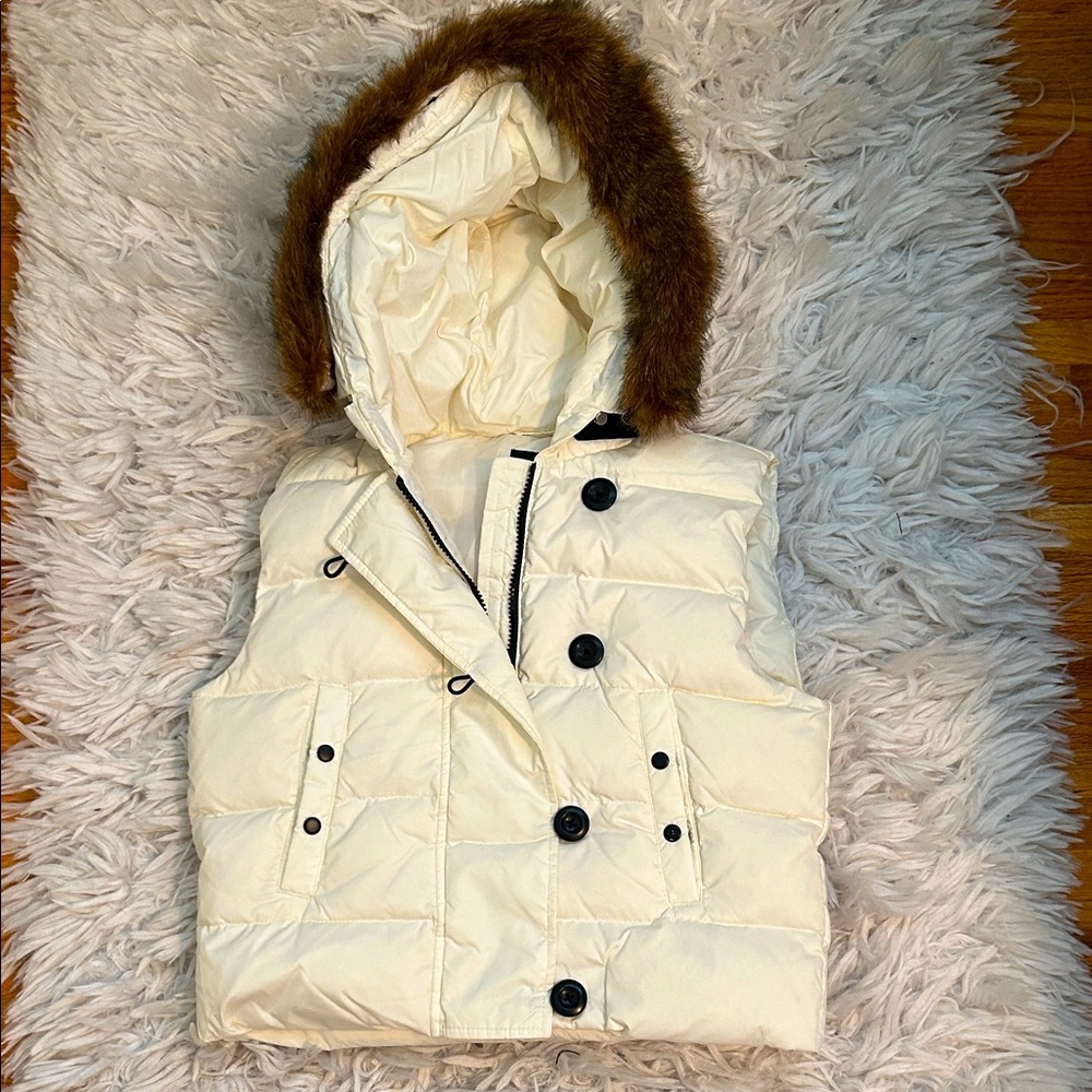 GAP Cream Hooded Puffer Vest with Removable Faux Fur Trim